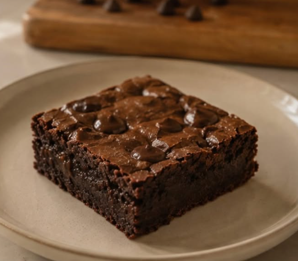 A chocolate chip brownie on a plate